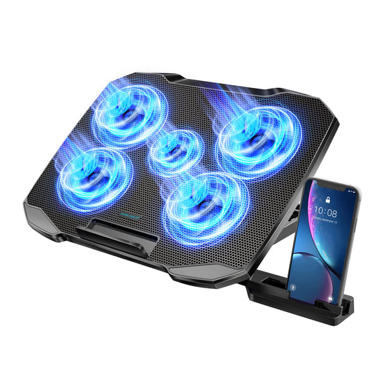 COOLCOOLD Laptop Cooling Pad - 12-17 Inch Laptop Cooler Stand with 5 Quiet Fans, 5 Adjustable Angles & Phone Holder