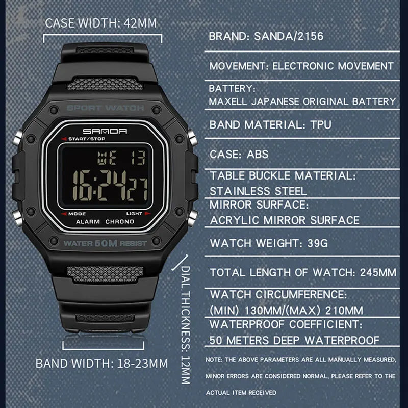SANDA 2156 Men’s Military Digital Sports Watch - Large Dial LED Wristwatch with Stopwatch and Water Resistance
