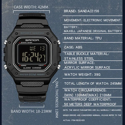 SANDA 2156 Men’s Military Sports Watch - Large Dial LED Digital Wristwatch with Stopwatch and Water Resistance