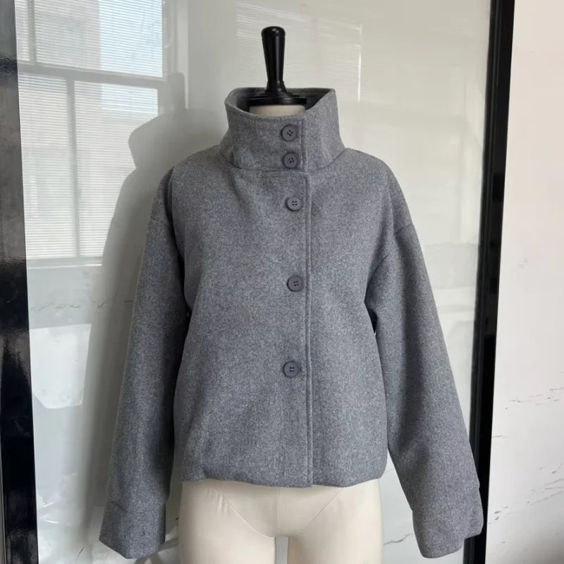 Women’s Short Woolen Coat - Stand Collar Loose Zipper Jacket for Spring Autumn Fashion Outerwear