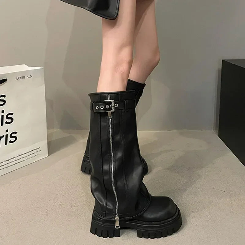 Winter Women's Biker Boots – Fashion Belt Buckle Knee-High Platform Booties