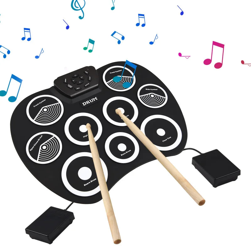 Portable 9-Pad Electronic Drum Set with MIDI – Roll-Up Digital Drum Kit with Pedals & Drumsticks