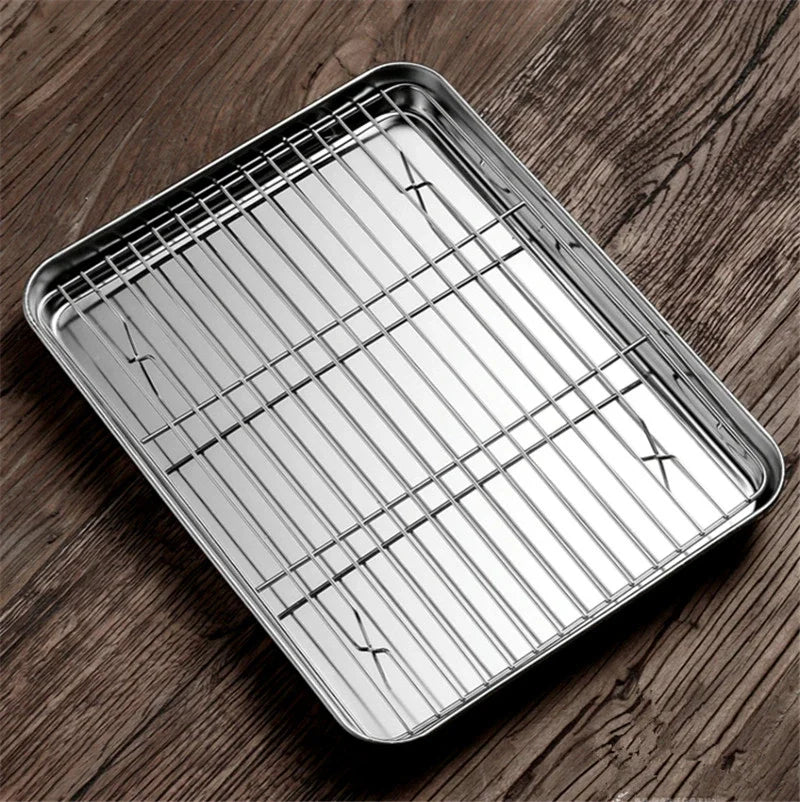 304 Stainless Steel Baking Tray with Wire Rack — Cake, BBQ, Oven, Roasting & Grilling Pan Tool