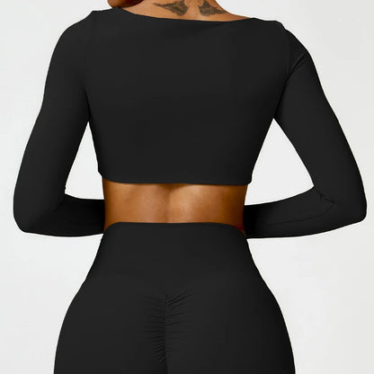 Hearuisavy Women’s Quick-Dry Sports Crop Top - Square Neck Long Sleeve Gym, Yoga, and Fitness Shirt