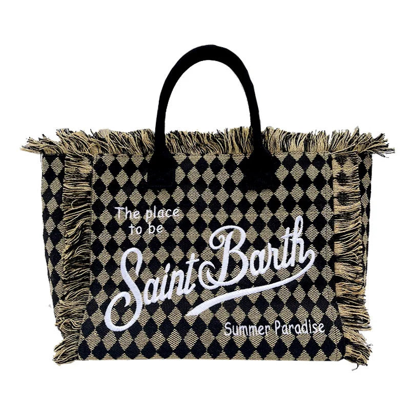 Saint Barth Large Capacity Women's Beach Handbag – European & American Style, Deep Blue Striped Tassel Tote