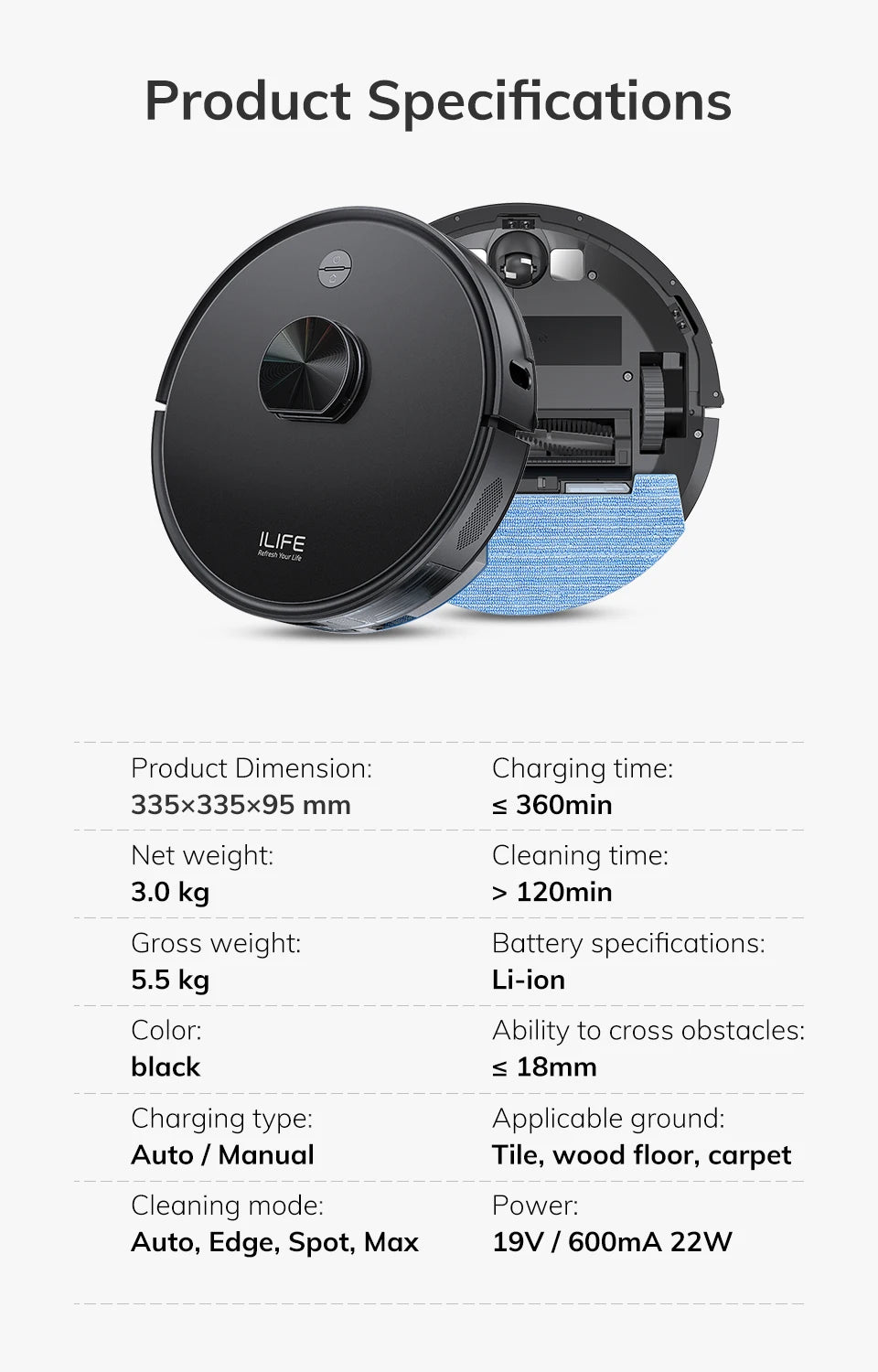 ILIFE A20 Robot Vacuum and Mop Combo – LiDAR Navigation, 3000Pa Suction, Smart Mapping, App/Alexa Control, Ideal for Pet Hair