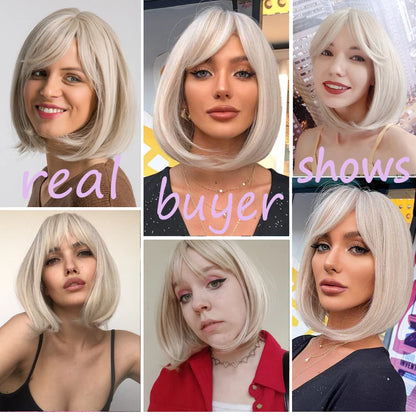 Short Bob Platinum Blonde Wig with Bangs – Synthetic Straight Hair, Heat-Resistant Wig for White Women, Daily & Party Wear
