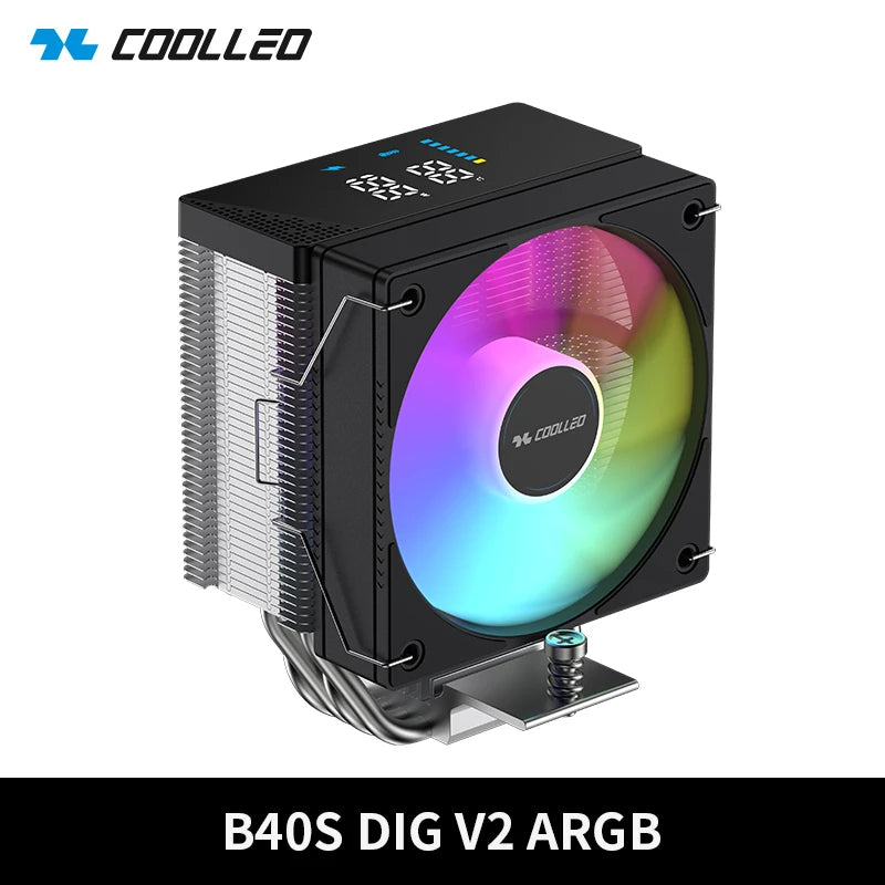 COOLLEO B40S DIG CPU Air Cooler with Intelligent Temperature Display – 4 Heat Pipes 200W TDP Radiator for Intel LGA1700/115X & AMD AM4/AM5