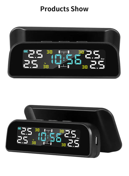 Solar TPMS Tire Pressure Monitoring System – 4-Wheel External Sensors with Temperature Alarm for Car Tyre Safety