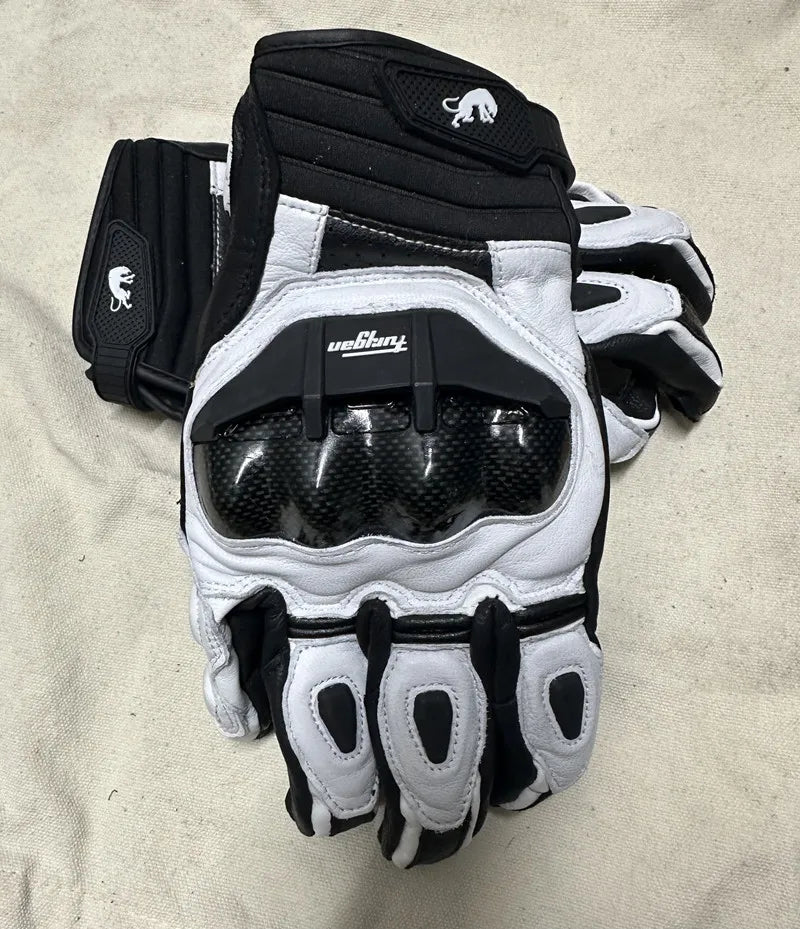 Motorcycle Gloves – Black Racing Genuine Leather, White Road Riding Team Gloves for Men, Summer & Winter with Touch Screen Compatibility