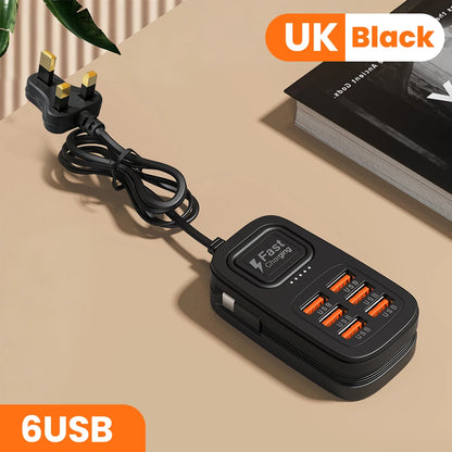 6-Port USB-C Charging Station – Fast-Charging Desktop Power Strip with 3 USB-C Ports, 3 USB-A Ports, and EU/UK/US Plug Options
