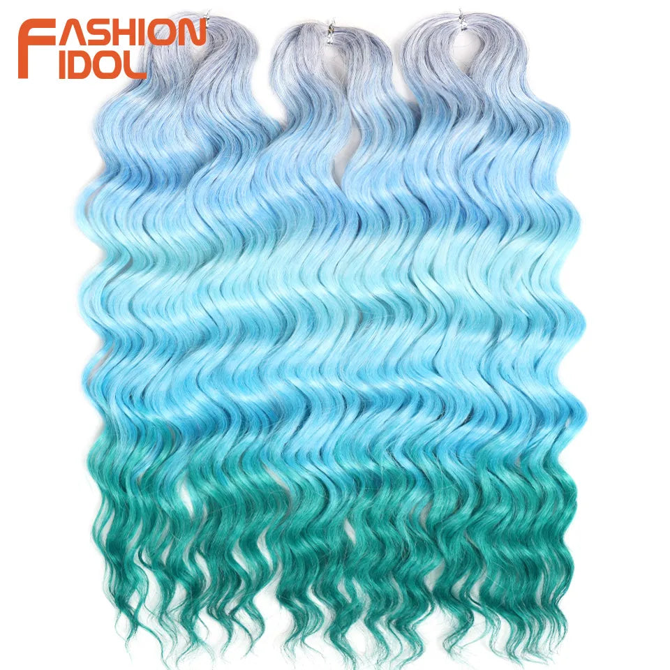 FASHION IDOL 24" Deep Wave Crochet Hair - 3-Piece Synthetic Water Wave Braiding Extensions, Ombre Rainbow Twist Hair