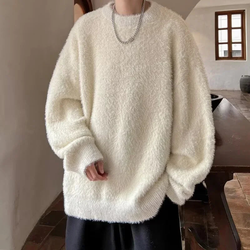 Men's Autumn Fluffy Knit Sweater - Loose Warm Korean Style Y2K Vintage Winter Pullover
