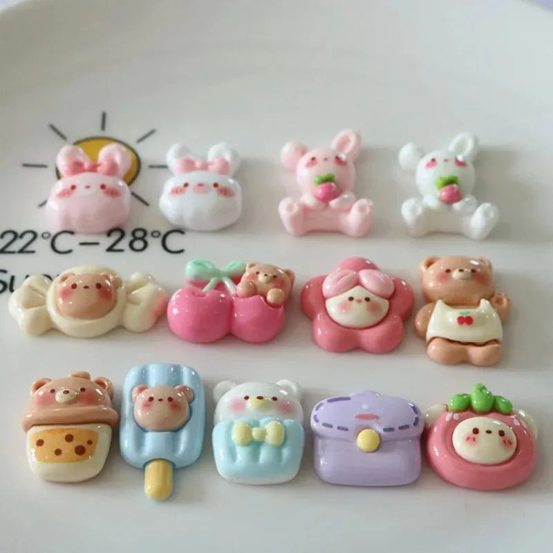 10-Piece Cute Cherry, Rabbit, and Bear Resin Embellishments - Kawaii Flatback Charms for DIY Scrapbooking, Crafts, and Home Decor