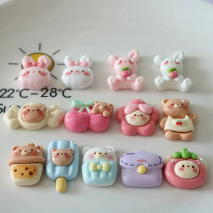 10-Piece Cute Cherry, Rabbit, and Bear Resin Embellishments - Kawaii Flatback Charms for DIY Scrapbooking, Crafts, and Home Decor