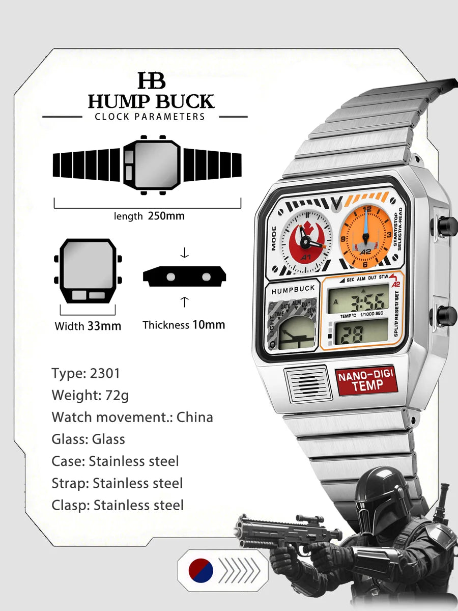 HUMPBUCK Men’s Digital Watch – Multifunctional Classic Wristwatch with Temperature, Stopwatch, Dual Time & Calendar