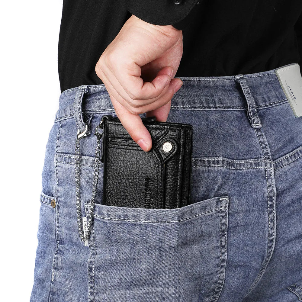 Men’s Multifunctional PU Leather Wallet – Large Capacity Credit Card Holder Purse with Chain Strap