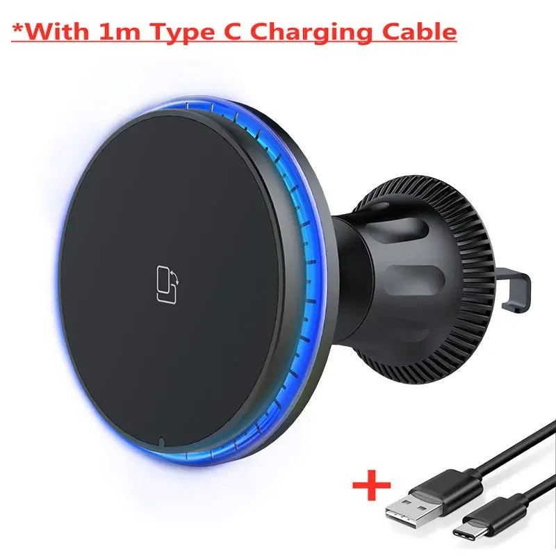 30W RGB Magnetic Car Wireless Charger – Fast Charging Stand Mount for iPhone 12-15 Pro Max, MagSafe Compatible