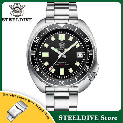 Steeldive SD1970 Men’s Automatic Dive Watch — 200M Waterproof, White Date Background, AR Coating Sapphire Glass, NH35 Black Dial Turtle Design