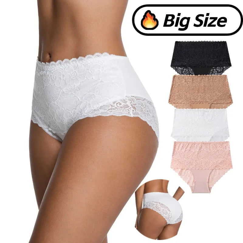 Women’s Plus Size High-Waist Lace Panties - Stretchy Breathable Briefs for Comfortable Everyday Wear