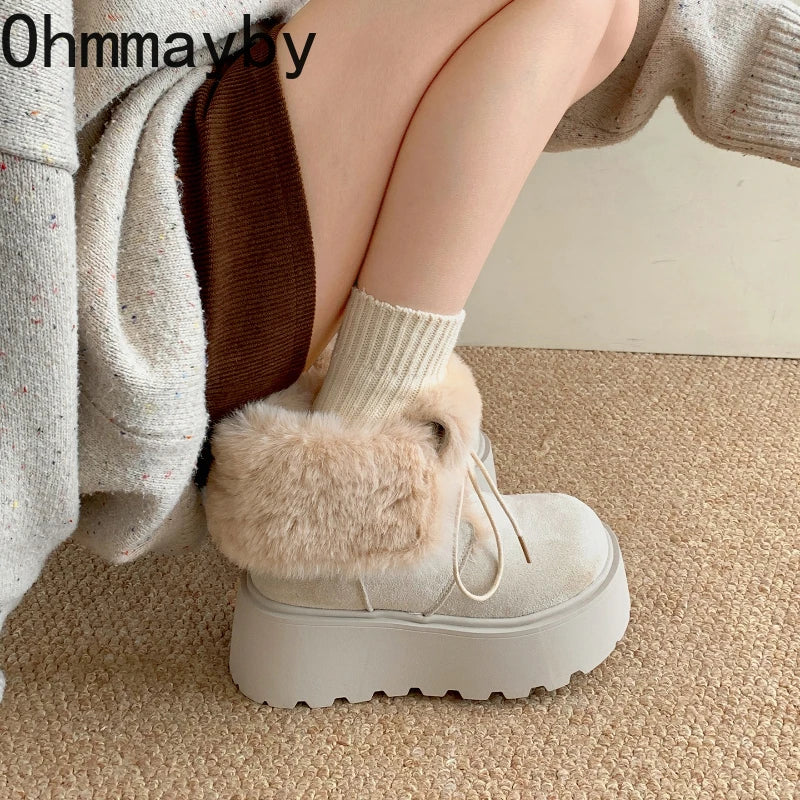 Women’s Winter Chunky Sole Fur Snow Boots – Cozy Height-Boosting Cotton Short Booties
