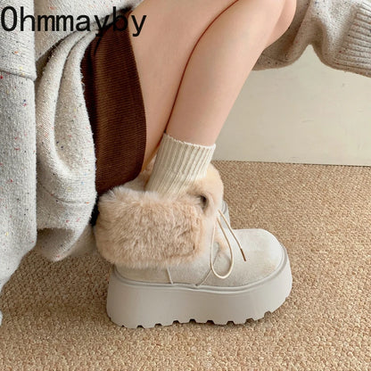 Women’s Winter Chunky Sole Fur Snow Boots – Cozy Height-Boosting Cotton Short Booties