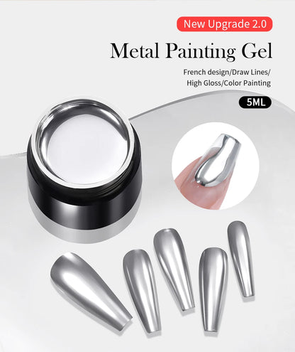 BORN PRETTY 5ML Super Silver Metallic Gel Nail Polish - Mirror Chrome Effect, Semi-Permanent Metal Painting Gel for DIY Nails