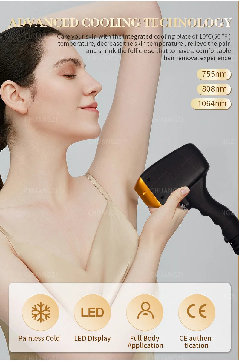 Professional Diode Ice Titanium Laser Hair Removal Machine - 3 Wavelength 755/808/1064nm, Face & Body Epilator for Salon Use
