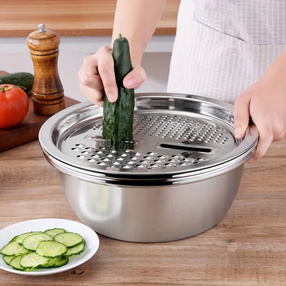 3-Piece Stainless Steel Kitchen Prep Set - Mixing Bowl & Multifunctional Vegetable Slicer for Fruits and Vegetables