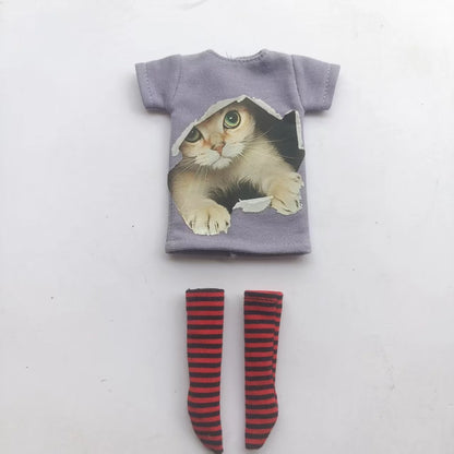 Handmade OB24 1/6 Blyth Doll Clothes – Cartoon T-Shirt with Striped Socks for 1/6 Doll Accessories