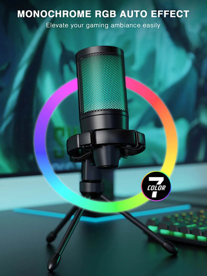 FIFINE AmpliGame A2 RGB USB Gaming Microphone with Mute Touch, Condenser Mic with Tripod for PC PS4 PS5 Laptop Streaming