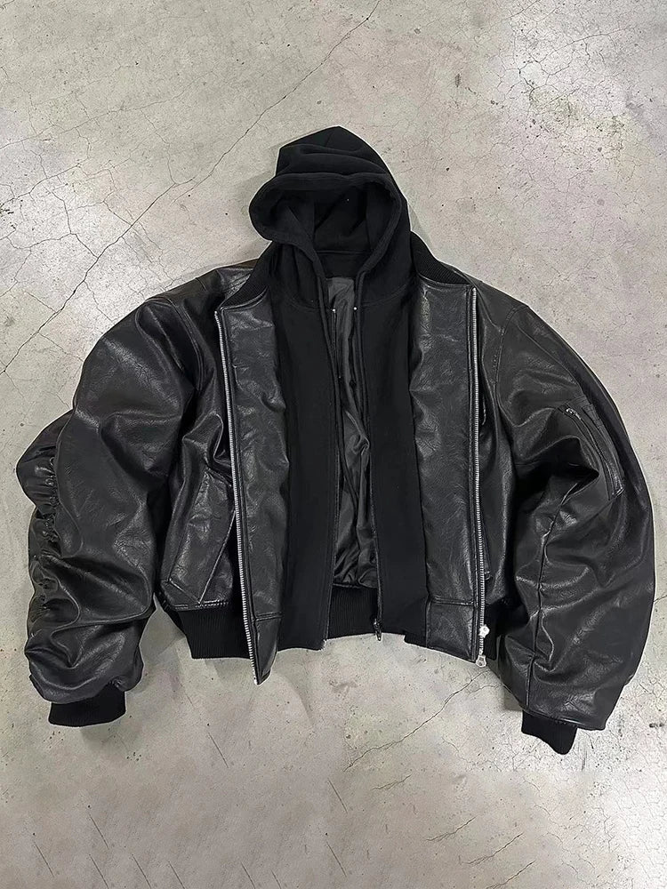 Mauroicardi Autumn Winter Oversized PU Leather Bomber Jacket for Men - Thickened Warm Hooded Luxury Designer Coat