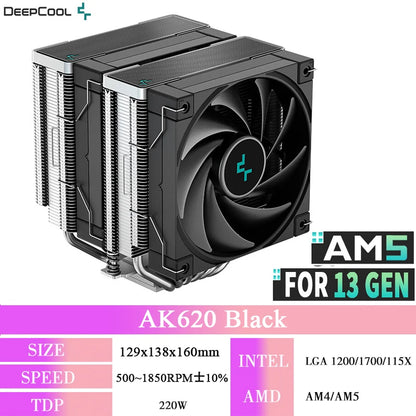 DeepCool AK620 ZERO DARK Twin Tower CPU Cooler – 6 Heat Pipes High Performance Air Cooling Radiator for Intel LGA1700/1200/115X & AMD AM5/AM4