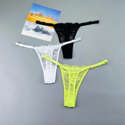Women's Transparent Lace Thong Set - 3PCS Adjustable Low Waist Sexy T-Back Underwear