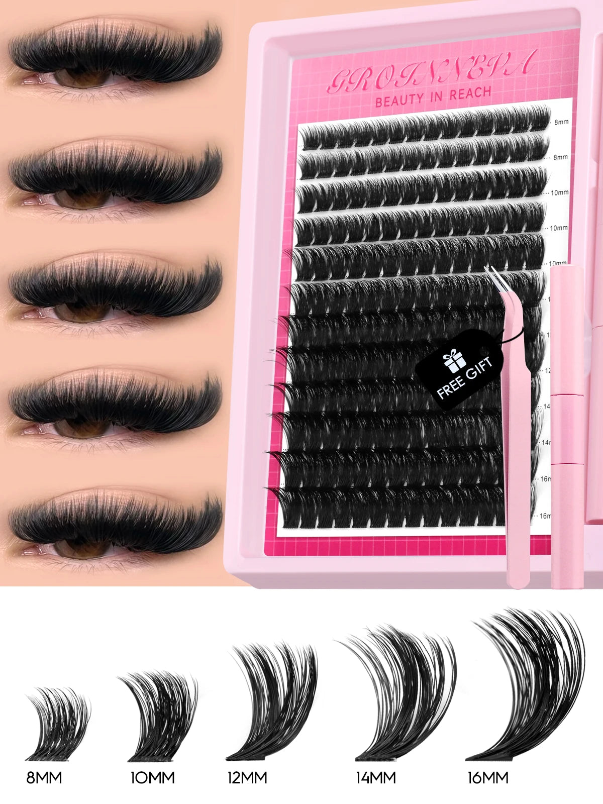 Fluffy C Curl Lash Cluster Kit (10–18mm) – DIY Eyelash Extensions Set with Bond & Seal for Natural Volume Lashes