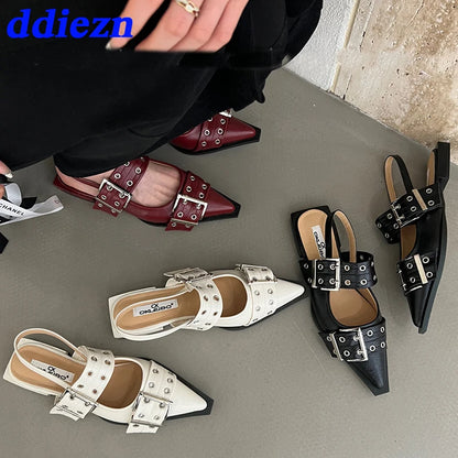 2025 Women’s Designer Flats – Luxury Buckle Slingback Sandals with Pointed Toe, Casual Mules for Ladies