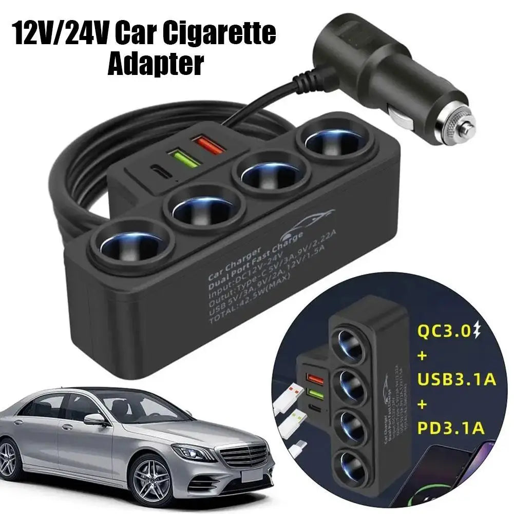 PD QC3.0 Dual USB Car Charger - 120W 12V/24V Cigarette Lighter Splitter for Phone, DVR and Dashcam