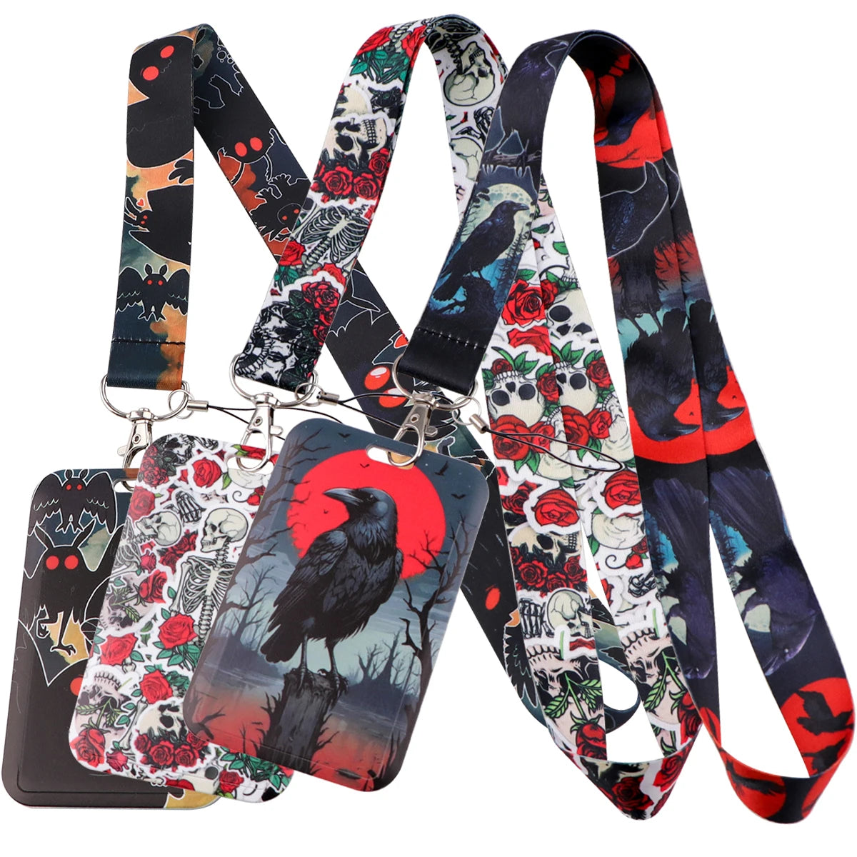 Black Crow Punk Skull Lanyard – Credential Holder Neck Strap for Keys, ID Cards & Phone Accessories, Halloween Gift