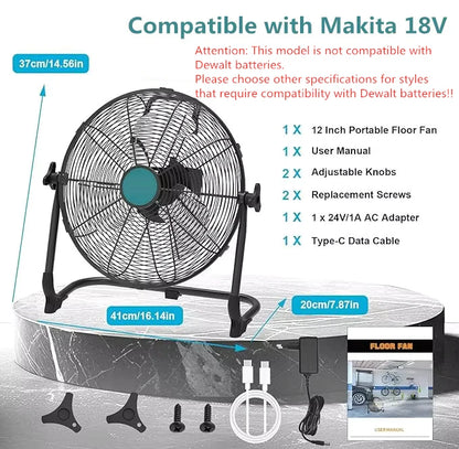 Cordless Floor Fan - 12/16-Inch Portable Fan Compatible with DeWalt 20V Max Batteries
