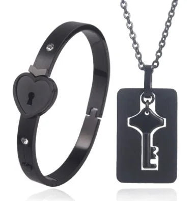 Couple Stainless Steel Love Lock Bracelet with Key Pendant Necklace – Romantic Jewelry Gift for Men and Women