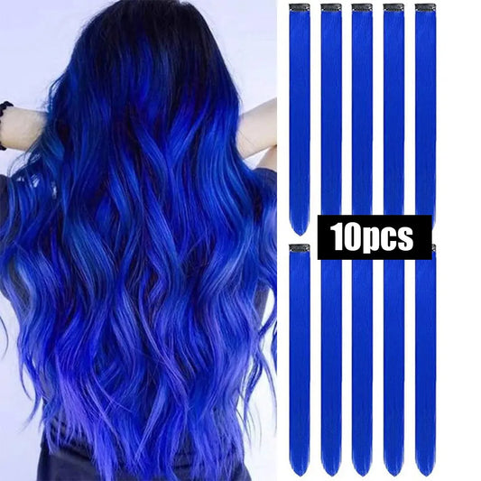 10 PCS Colored Hair Extensions – Straight Multi-Color Clip-in Hairpieces, Party Highlights, Synthetic for Women & Girls, Cosplay Gift