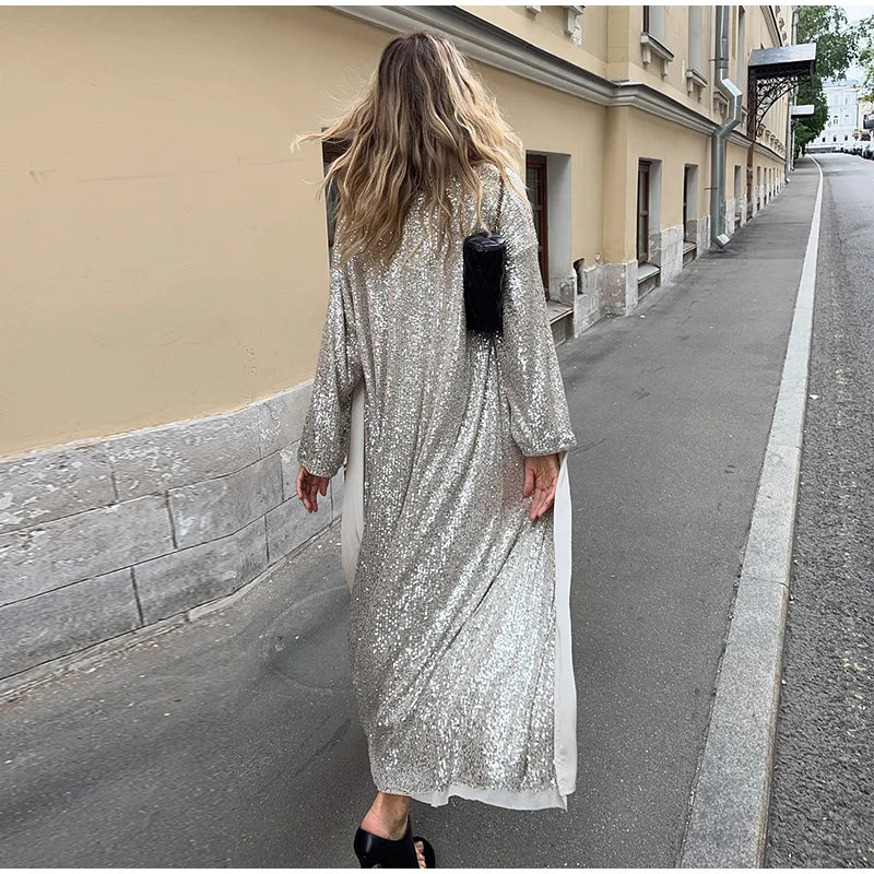 Women’s Sparkly Sequin Maxi Coat – Luxury Open Front Long Sleeve Outerwear