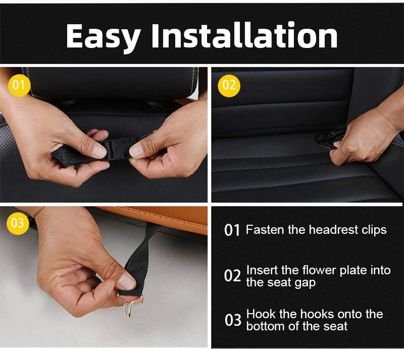 Car Seat Back Organizer with Foldable Table Tray – PU Leather Storage Organizer with Pockets & Kick Mats