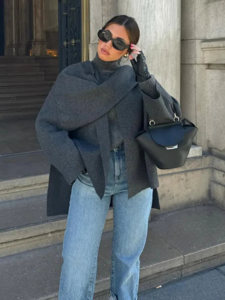 ZBZA Women’s Asymmetric Scarf Knitted Jacket – O Neck Single Button, Side Slit Loose Coat, Winter Chic Outerwear