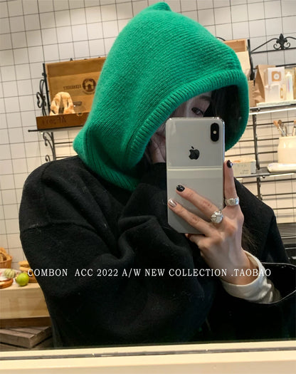Knitted Hooded Balaclava Hats for Women – Korean Style Winter Outdoor Warmer, Drawstring Neck Collar Beanie Cap