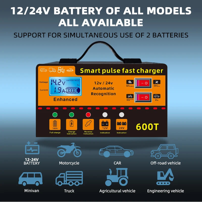 12V/24V Intelligent Car Battery Charger – Automatic Pulse Repair with LCD Display, Voltage & Temperature Detection, High Power Maintenance System