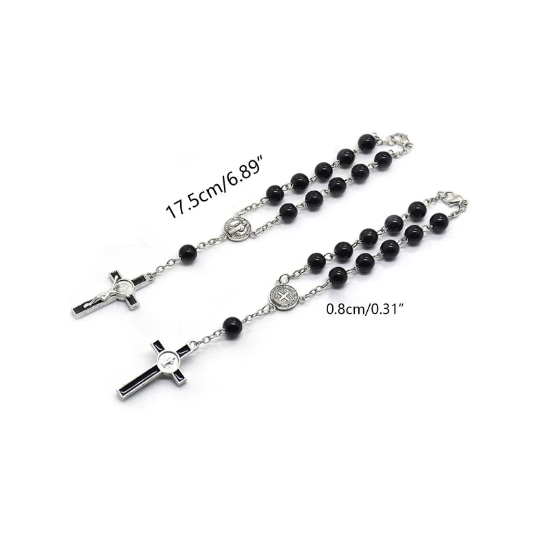 Exquisite Black Glass Rosary Cross Bracelet – Catholic Prayer Bead Jewelry, Religious Wrist Rosary for Faith & Spiritual Devotion