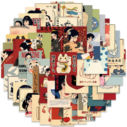 50pcs Retro Japanese Cartoon Stickers – Waterproof Aesthetic Graffiti Decals for Laptop, Luggage, Guitar & Skateboard
