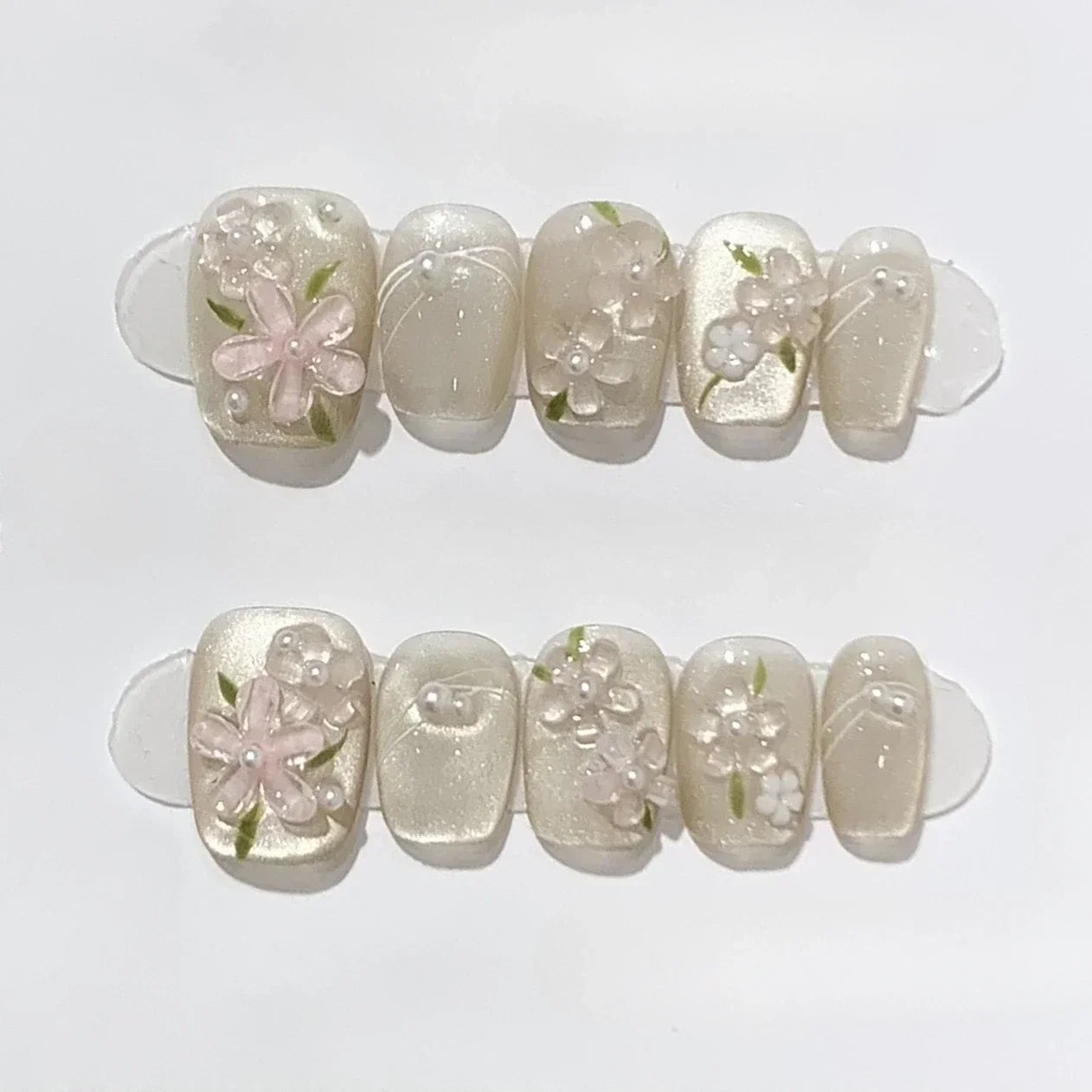 10 Pcs Handmade Short Square Press-On Nails – Full Cover Flower & Cat Eye Ballet False Nails Manicure Tips