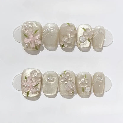 10 Pcs Handmade Short Square Press-On Nails – Full Cover Flower & Cat Eye Ballet False Nails Manicure Tips